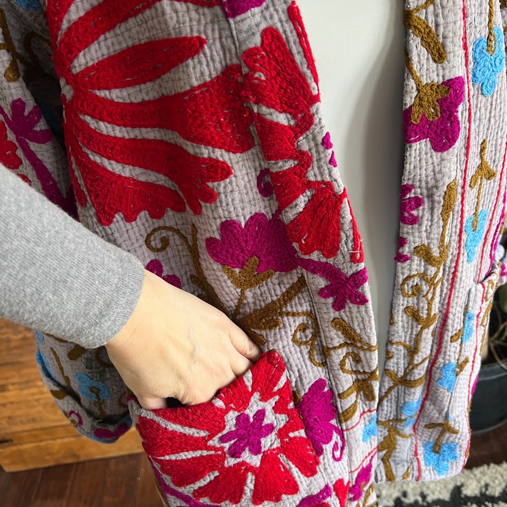 She’s1Oak Fine Kantha Suzani Embroidered Multicolor Short Jacket Kimono XS-L - Picture 7 of 16